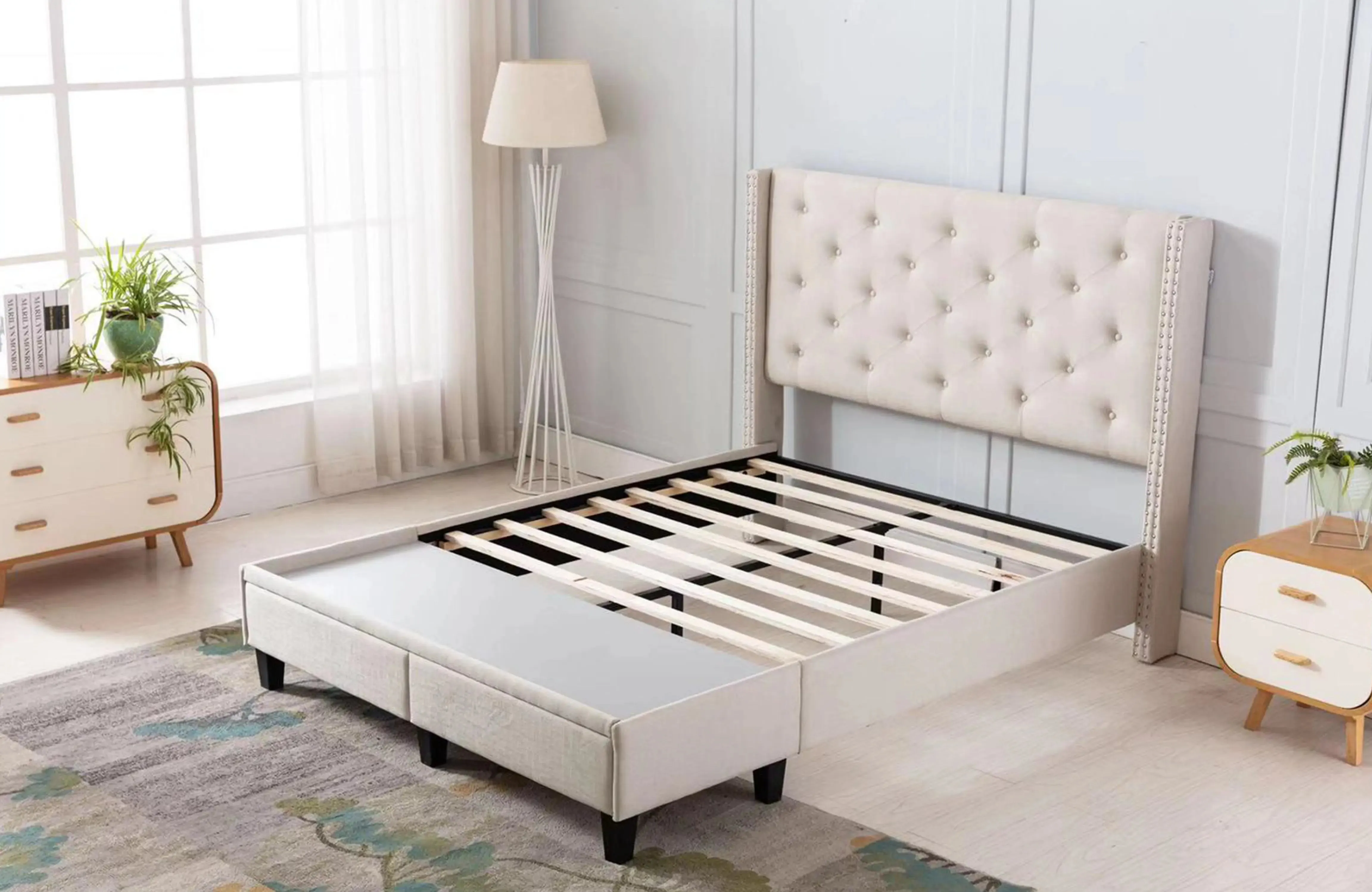 The Perfect Storage Bed - Hand Tufted Winged Upholstered 51" Platform Bed with 2 Drawer in Linen