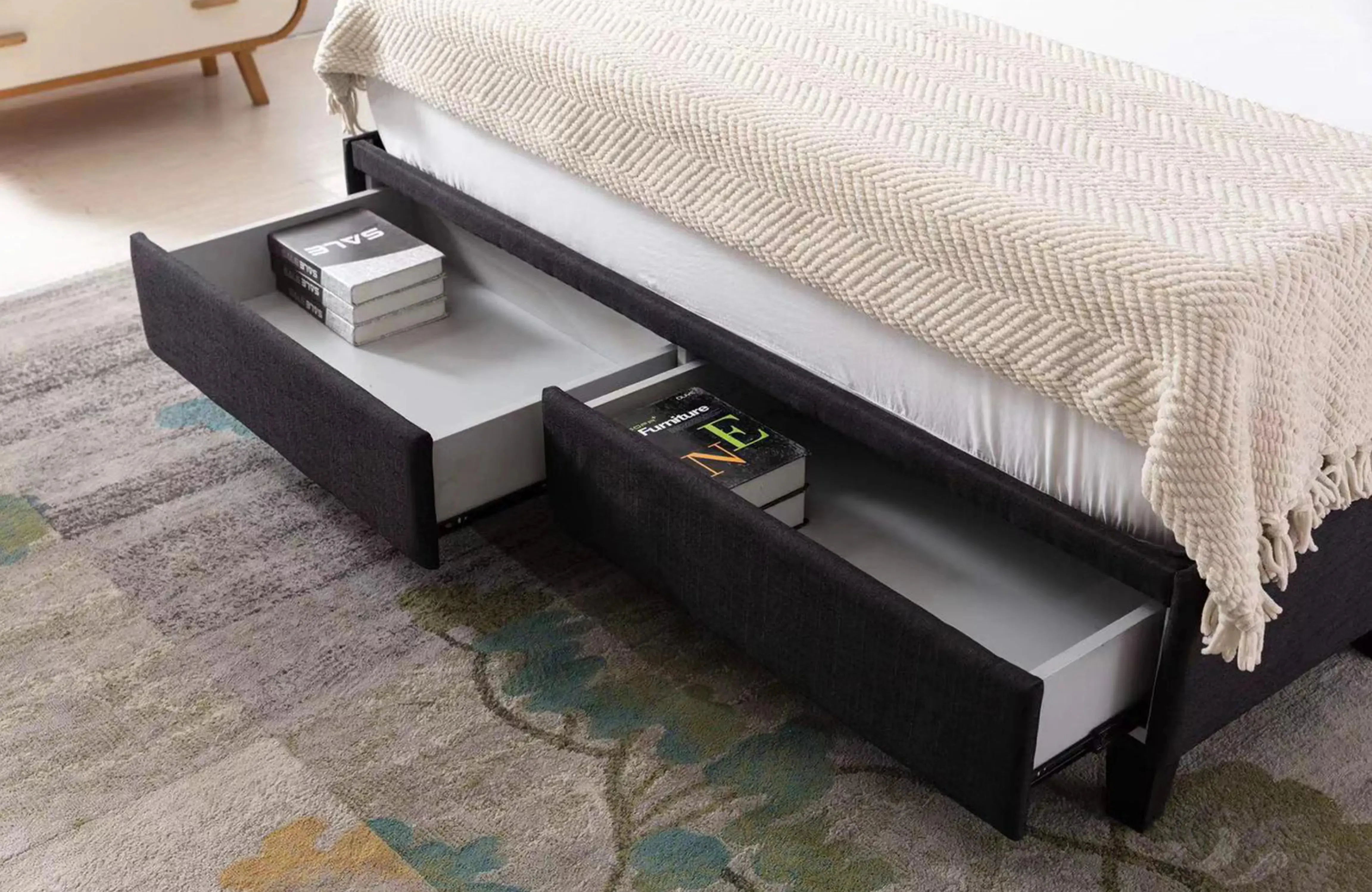 The Perfect Storage Bed - Hand Tufted Winged Upholstered 51" Platform Bed with 2 Drawer in Linen