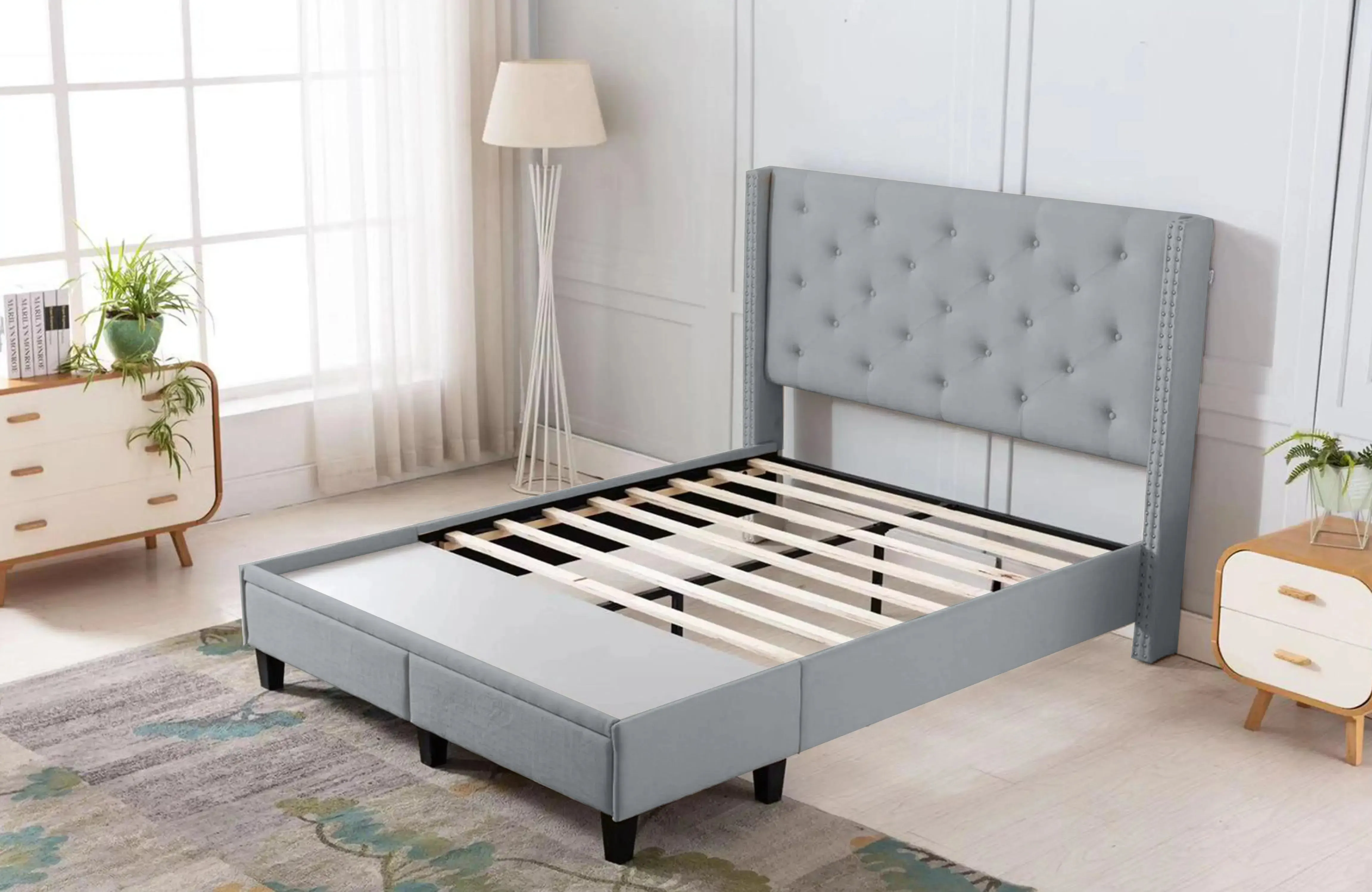 The Perfect Storage Bed - Hand Tufted Winged Upholstered 51" Platform Bed with 2 Drawer in Linen