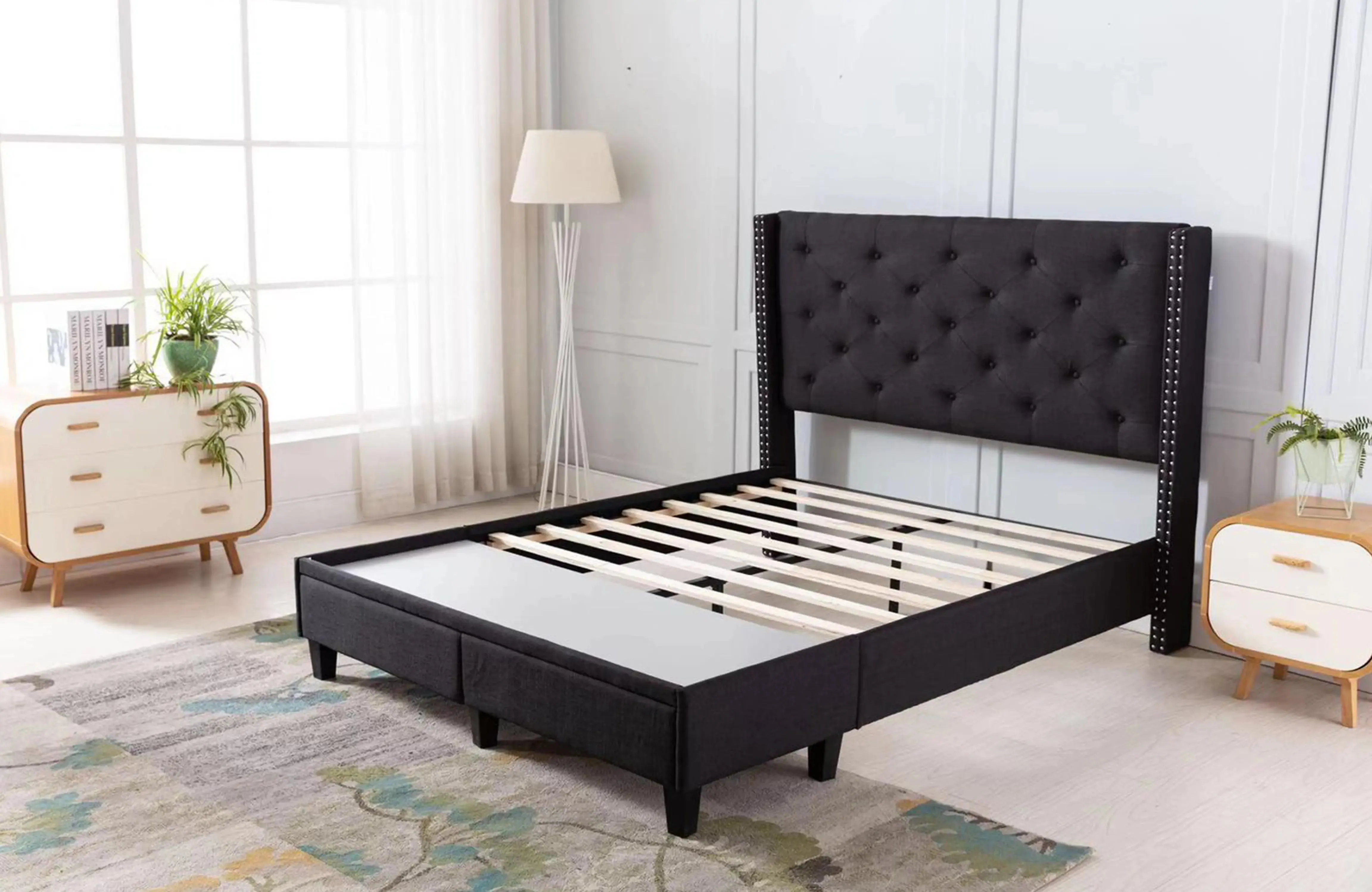 The Perfect Storage Bed - Hand Tufted Winged Upholstered 51" Platform Bed with 2 Drawer in Linen