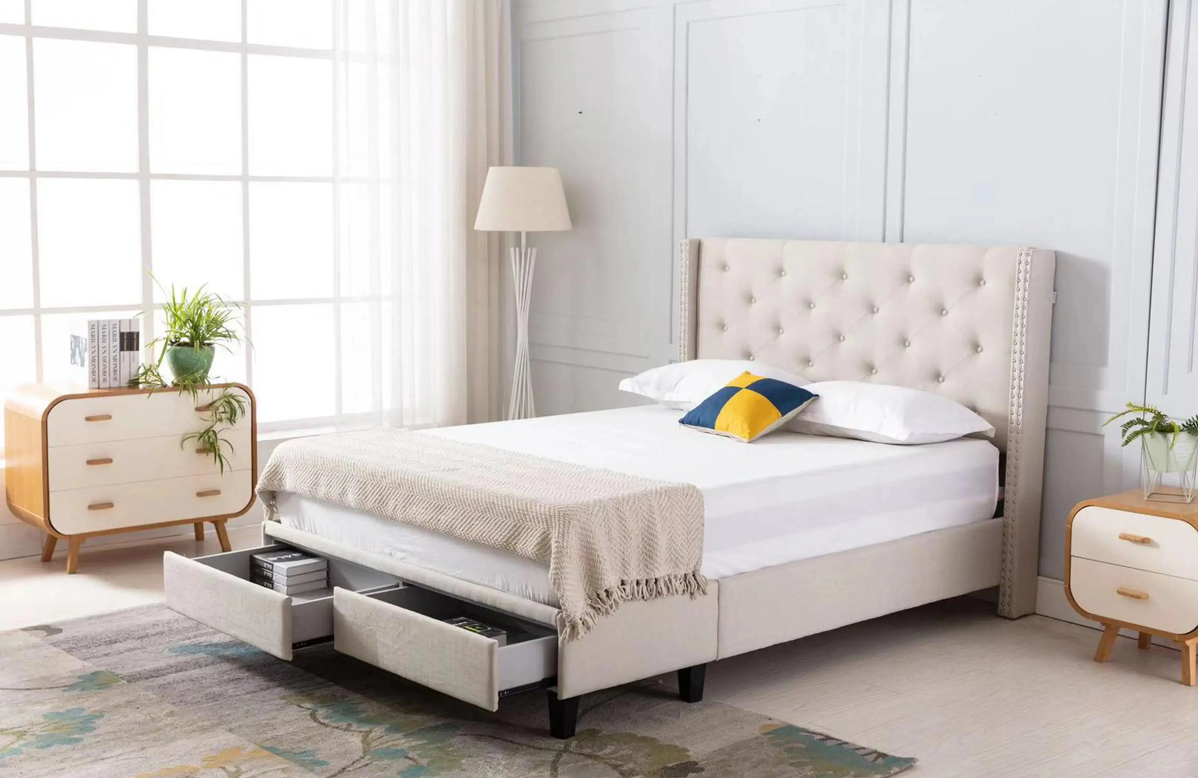 The Perfect Storage Bed - Hand Tufted Winged Upholstered 51" Platform Bed with 2 Drawer in Linen