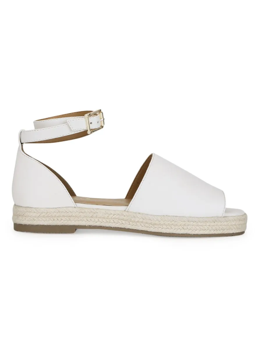 White PU Wide Strap Jute Espadrilles