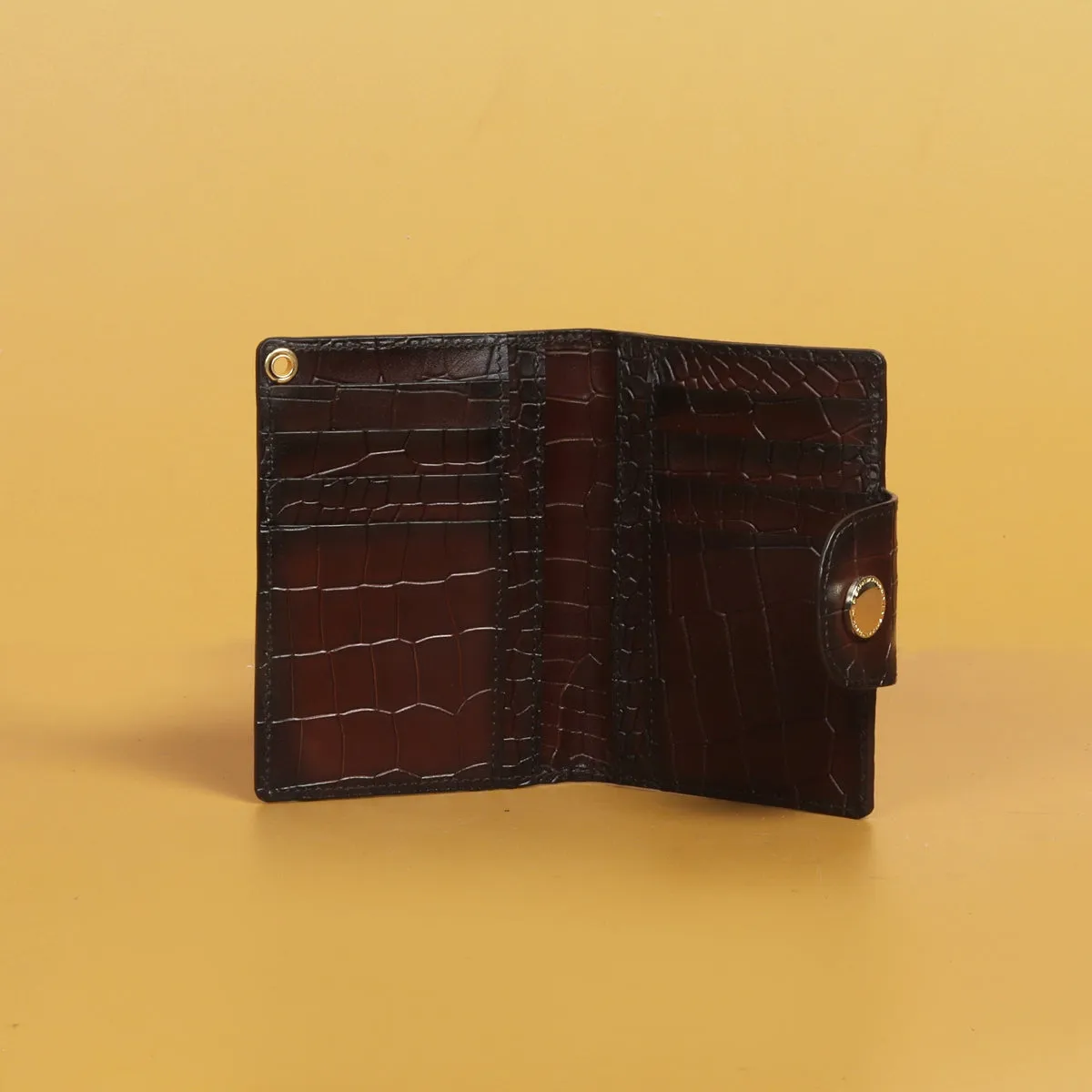 Window ID Card Snap Closure Deep Cut Dark Brown Bi-Fold Card Holder