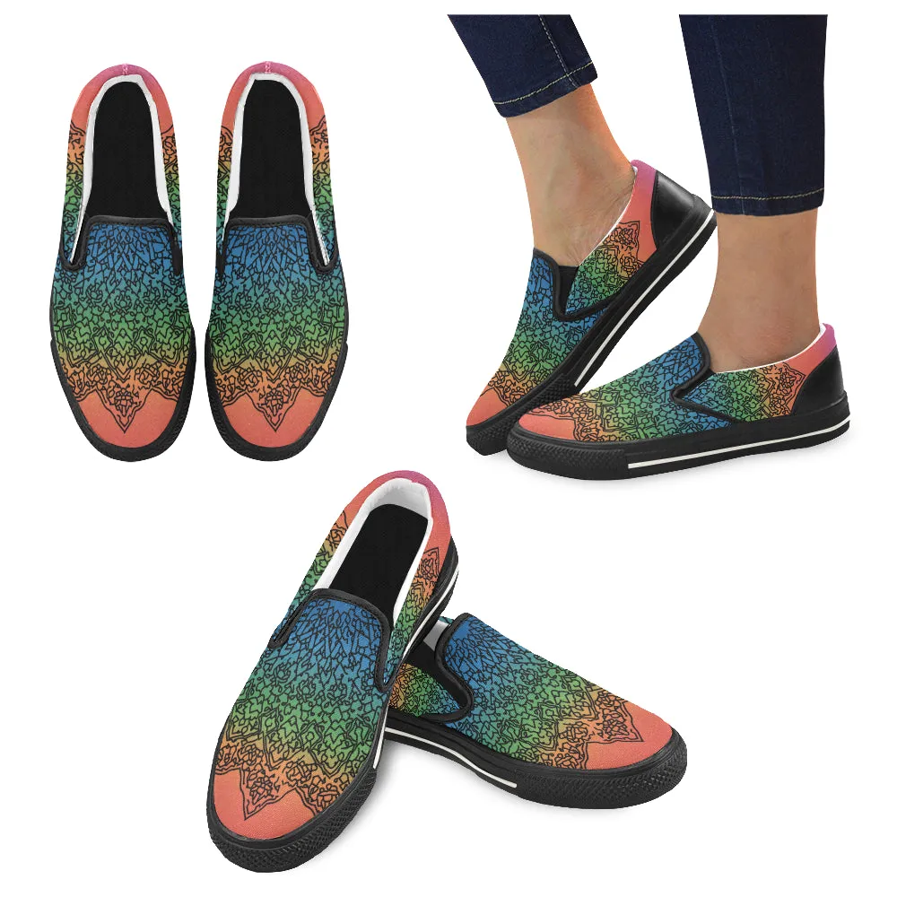 Women's Big Size Doodled Mandala Print Canvas Slip-on Shoes