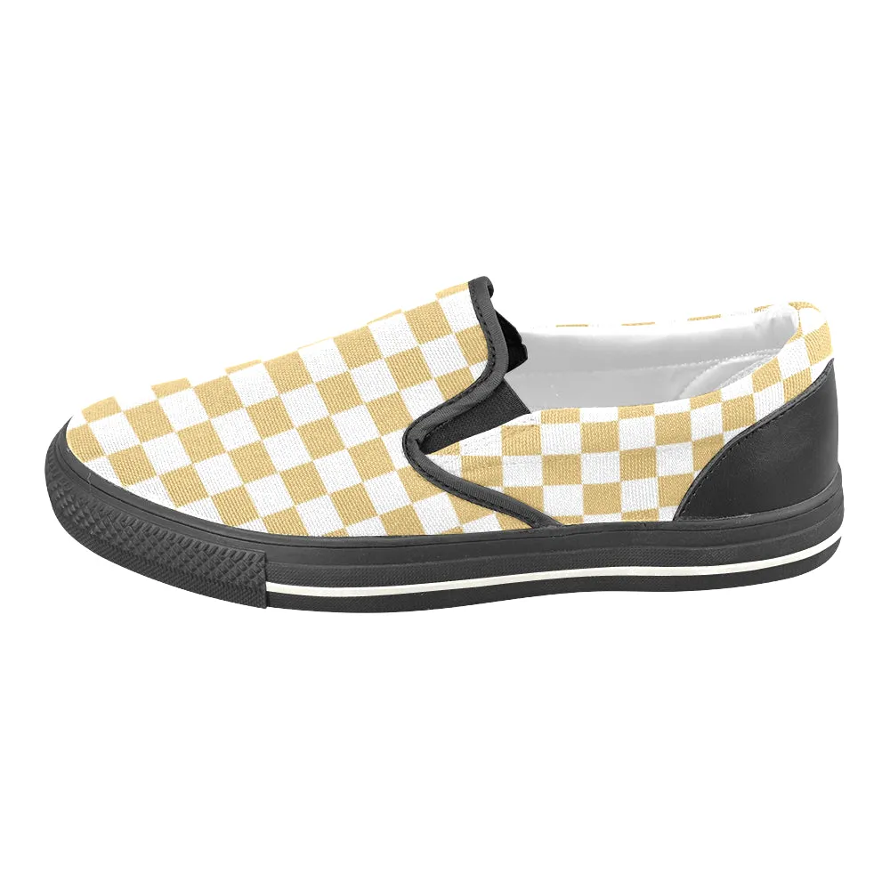 Women's Big Size Mustard Checks Print Slip-on Canvas Shoes