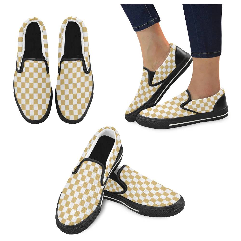 Women's Big Size Mustard Checks Print Slip-on Canvas Shoes