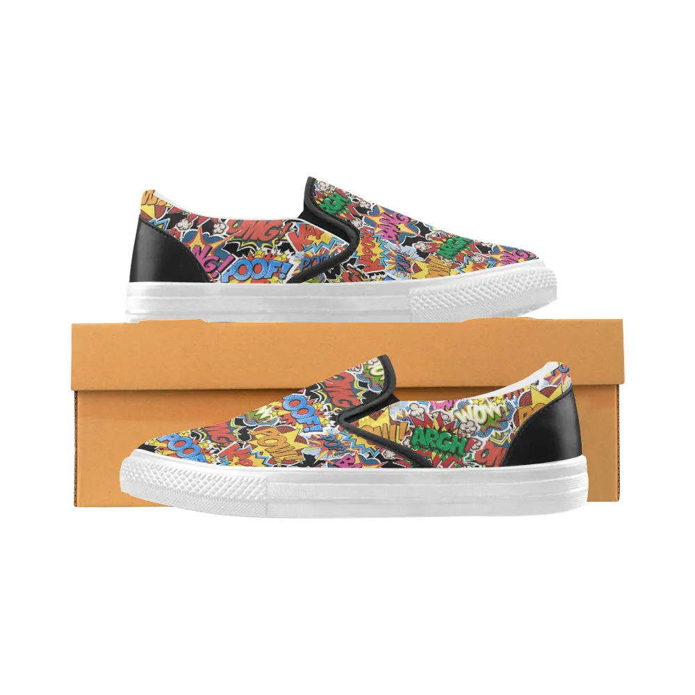 Women's Comic Bubbles Pop Art Print Canvas Slip On Shoes (White)