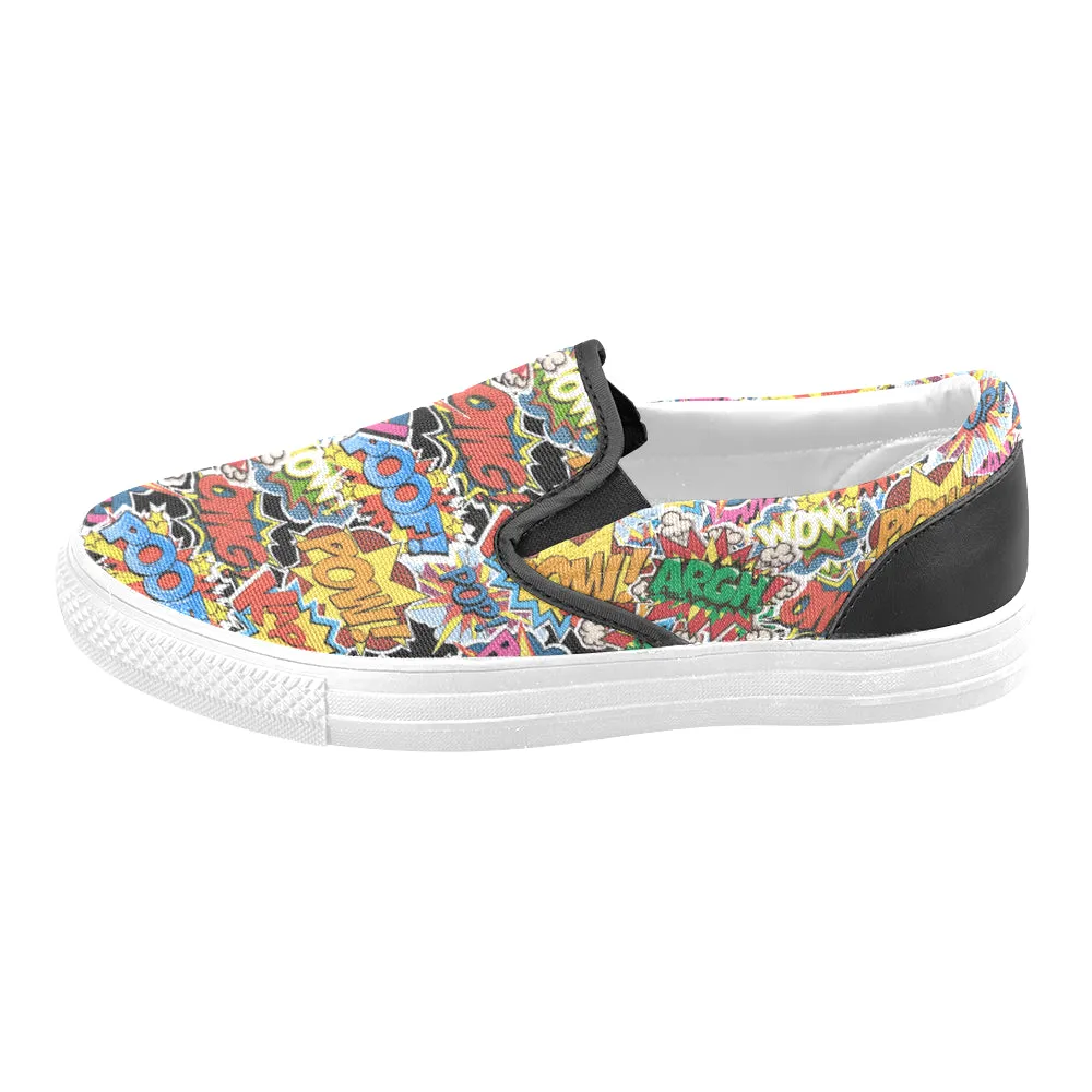 Women's Comic Bubbles Pop Art Print Canvas Slip On Shoes (White)