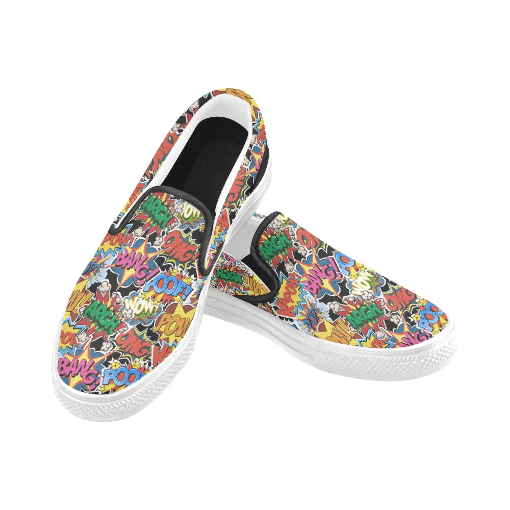 Women's Comic Bubbles Pop Art Print Canvas Slip On Shoes (White)