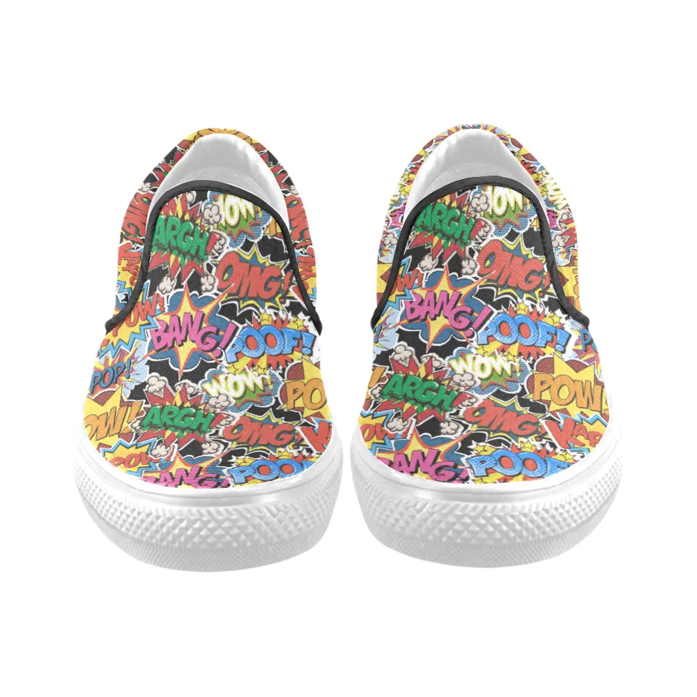 Women's Comic Bubbles Pop Art Print Canvas Slip On Shoes (White)