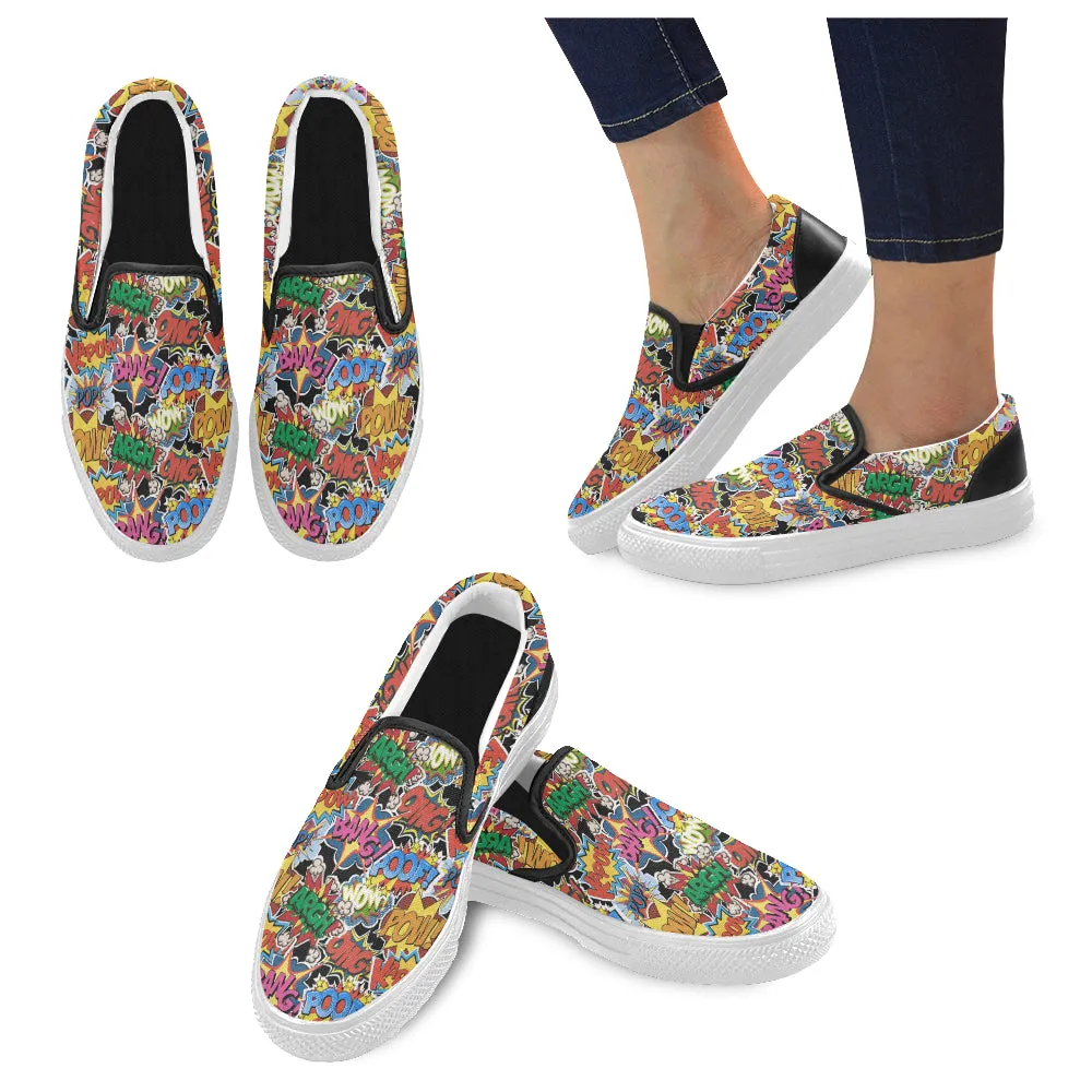 Women's Comic Bubbles Pop Art Print Canvas Slip On Shoes (White)